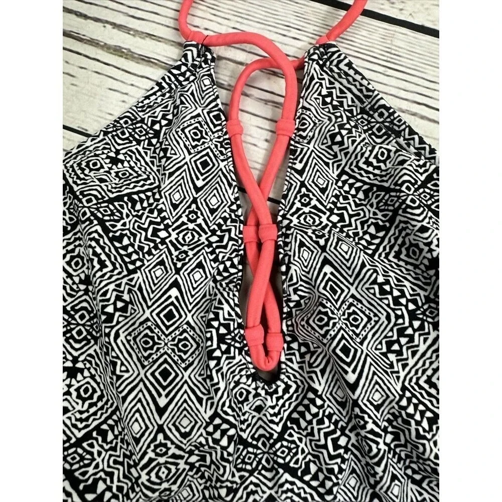 O'Rageous Womens Geometric Tribal Print Bikini Set Black White Coral Pink Large